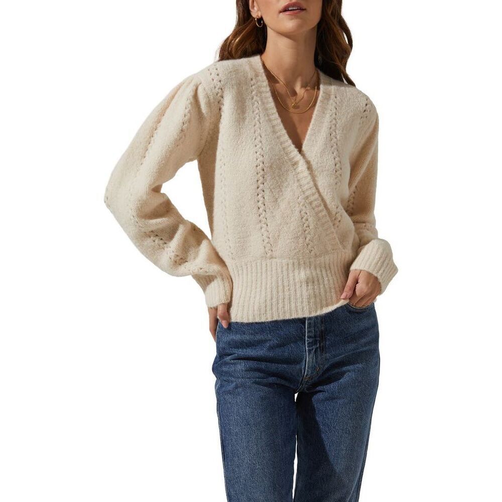 ASTR The Label Cream Wrap Sweater Puff Sleeve Soft Wool Blend Knit Size Medium